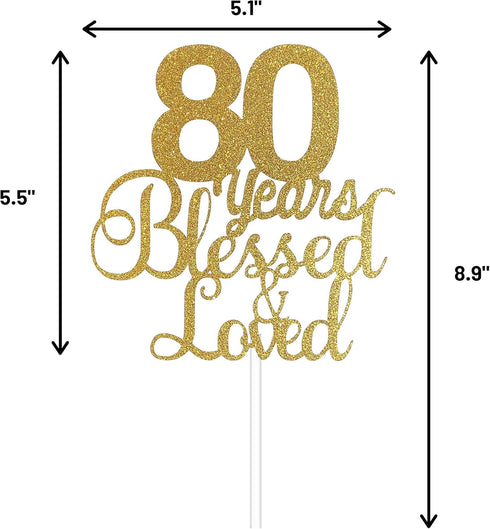 ALPHA K 80th Birthday/Anniversary Cake Topper – 80 Years Blessed & Loved Cake Topper with Gold Glitter...