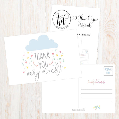 Hadley Designs 50 4x6 Rain Clouds Blank Thank You Postcards Bulk, Cute Baby Shower Sprinkle Rainbow Showered With Love Thank You Note Card For Wed...