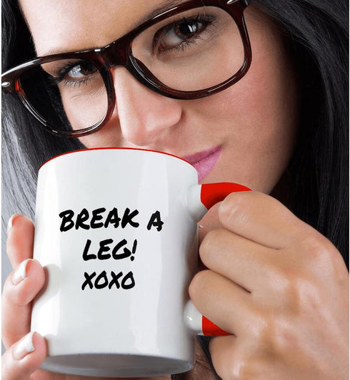 3dRose "Break A Leg Xoxo Theater, Actor, Show Business Good Luck Message Note" Two Tone Red Mug, 11 oz, Red...
