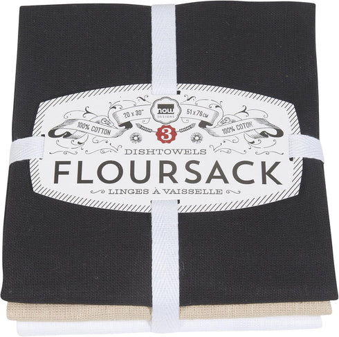 Now Designs Floursack Kitchen Towels, Set of Three, Black/Oyster/White...