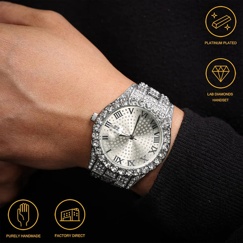 Halukakah Diamonds Gold Watch Iced Out,Men's 18K Real Gold/Platinum White Gold Plated 42MM Width Round Dial Quartz Wristband 9.5" with Cuban Link ...