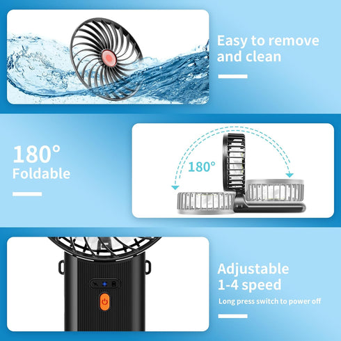 Mini Handheld Fan 2 Pack, Portable Hand Held Fan for Travel 4 Speeds, Cooling Personal Fans USB Rechargeable Battery Operated, 180° Foldable Trave...