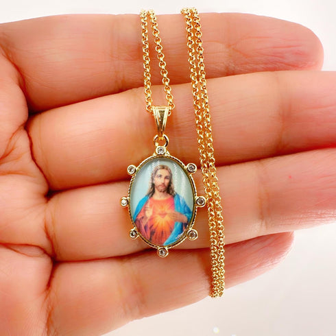 LESLIE BOULES 18K Gold-Plated Sacred Heart of Jesus Pendant Necklace - 18 Inches, Divine Love Symbol with Colorful Medal and Zircon Accents...
