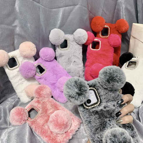 LUVI for iPhone 12 Pro Max Plush Furry Case Fuzzy Fluffy Ball Rabbit Faux Fur Hair Cute Cartoon Bear Ear with Bling Glitter 3D Diamond Bowknot Cam...
