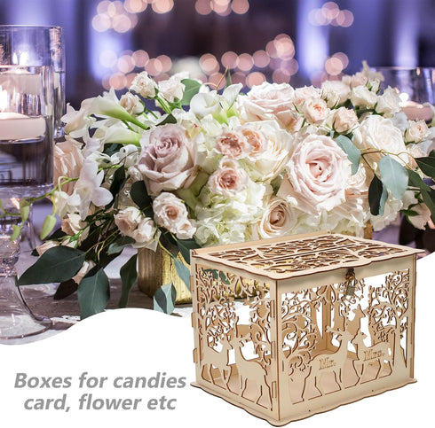 Amosfun Wooden Vinatge Wedding Card Box DIY Rustic Hollow Wedding Box with Lock Key and Rubber Rings for Bridal Shower Party Decorations (1 Key 12...