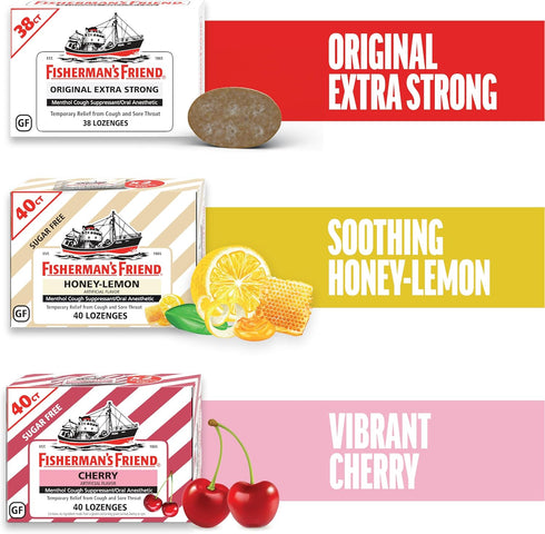 Fisherman's Friend Cough Drops, Cough Suppressant and Sore Throat Lozenges, Sugar Free Honey-Lemon, 5.52mg Menthol, 240 Drops (6 Packs of 40)...