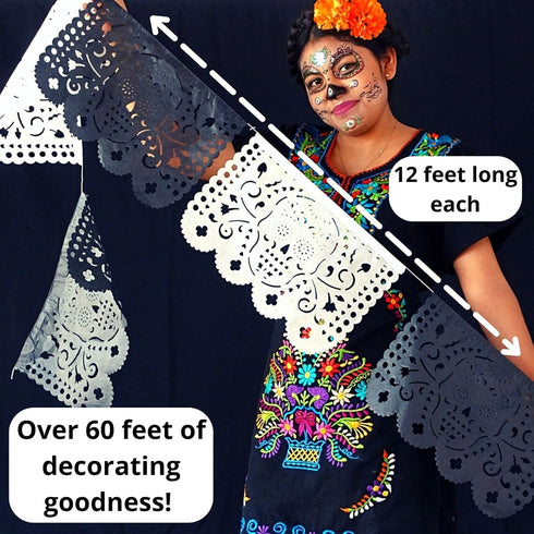 Dia de Los Muertos Decorations, Day of The Dead Banner, Black Mexican Banner 5 Pack|Tissue Paper|White and Black Skulls...