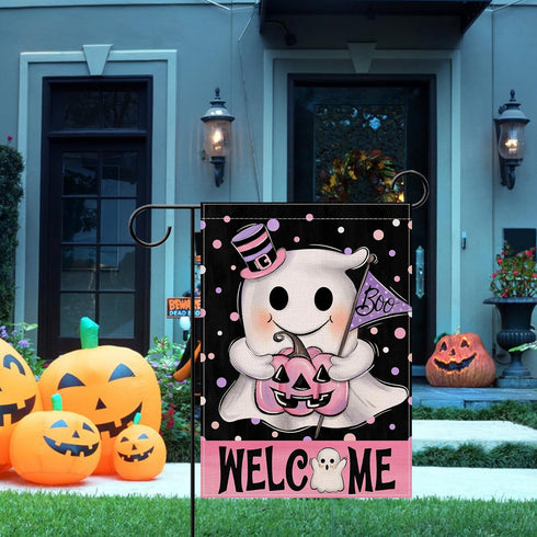 Welcome Halloween Spooky Ghost Boo Small Decorative Garden Flag, Pink Jack O Lantern Pumpkin Polka Dot Yard Lawn Outside Decor, Funny Holiday Burl...