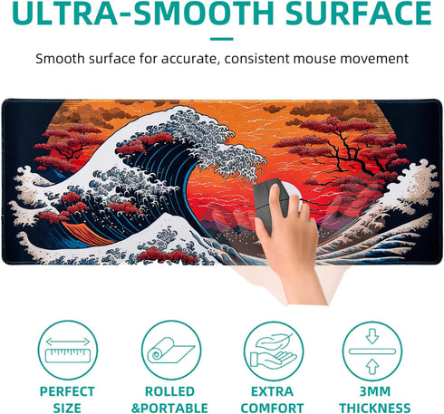 Japanese Sea Waves Large Gaming Mouse Pad for Desk, Desk Mat with Seamed Edges, Waterproof Desk Pad, Non-Slip Rubber Base, 31.5x11.8 Inch Keyboard...
