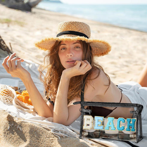 Preppy Patch Cosmetic Bag - Summer Beach Chenille Varsity Letter Clear Toiletry Bag Aesthetic Waterproof Portable Makeup Bag Clutch Purse Travel B...