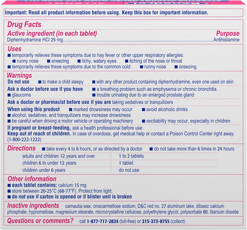 Benadryl Ultratabs Antihistamine Allergy Relief Medicine, 25 mg Diphenhydramine HCl Tablets for Relief of Cold & Allergy Symptoms Such as Sneezing...