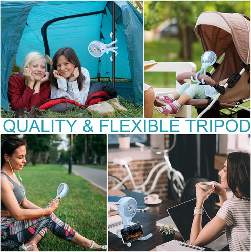 Portable Stroller Fan, Rechargeable Battery Powered Oscillating Fan, Baby Fan with 3 Powerful & Quiet Speeds, 90° Oscillation, Flexible Tripod for...