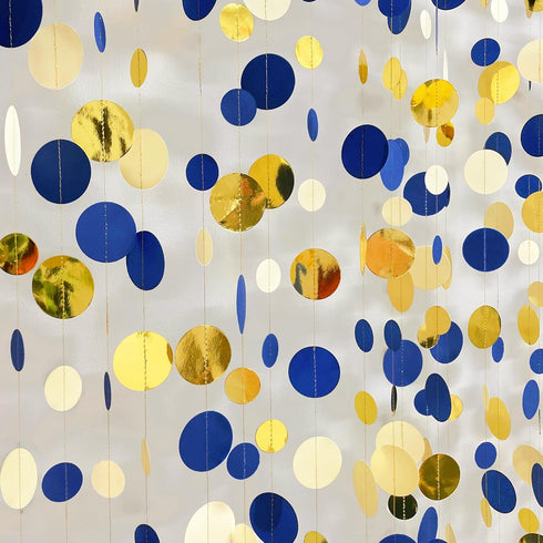 46 Ft Navy Blue and Gold Circle Dots Garland Royal Blue Hanging Paper Polka Dot Streamer for Birthday Wedding Bridal Baby Shower Graduations Nauti...