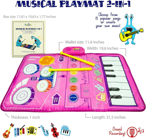 Baby Musical Toys Piano Mat & Drum Set 2 in 1 Music Floor Play Mat, Musical Mat Educational Birthday Gifts Babies Musical Toys for Toddlers...