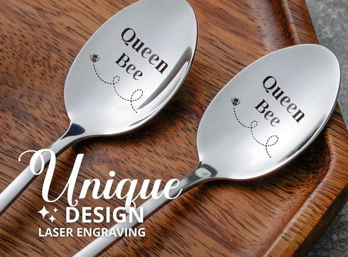INNObeta Bee Gifts for Women, Engraved Ice Cream Spoons, 2 Pcs Stainless Steel Coffee Spoon, Queen Bee...