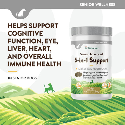 NaturVet Senior Advanced 5-in-1 Support Dog Supplement – Helps Support Immune System, Heart, Liver, Cognitive Function, Eye Health – Includes Gink...