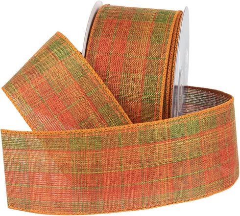 Royal Imports Fall Checkered Plaid Print Ribbon Wired, Orange/Green, 2.5" (#40) for Bow Making, Gift Wrapping, Wreaths, 25 Yd Roll (75 Ft Spool)...
