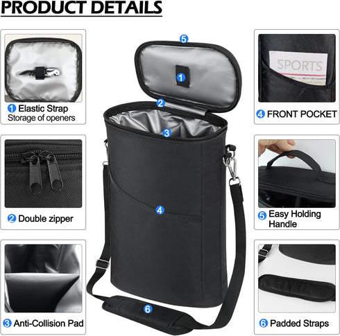 2 Bottle Wine Cooler Bag, Leakproof Insulated Padded Wine Gift Tote Carrier with Handle and Adjustable Shoulder Strap, for Travel, Wine Tasting, P...