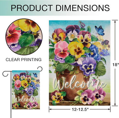Welcome Spring Pansy Floral Garden Flag Double Sided, Flower Pot Arrangement Decorative House Yard Lawn Outdoor Small Decor, Summer Holiday Butter...