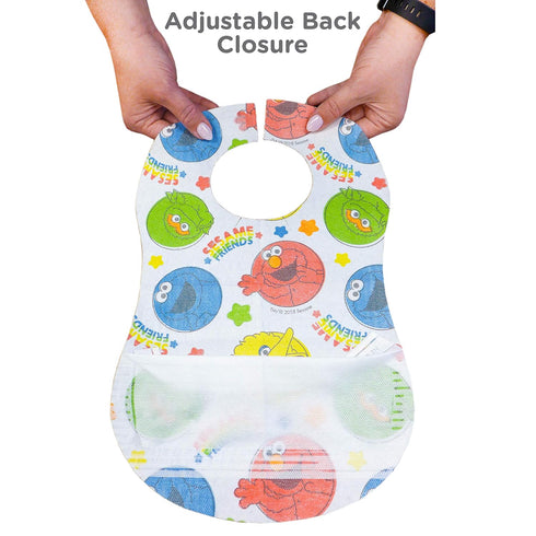 Sesame Street Large Disposable Bibs with Patented Crumb-Catcher, Leakproof Liner, and Reusable Fastener, Ages 6+ Months, 32 count...