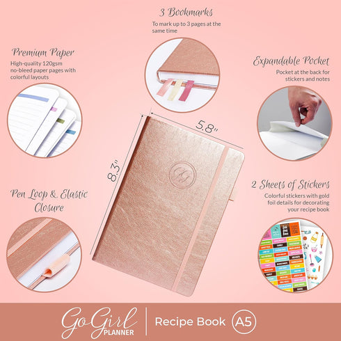 GoGirl Recipe Book – Blank Cookbook to Write In Your Own Recipes – Empty Cooking Journal for Family Recipes – Personalized Recipe Notebook – Hardc...