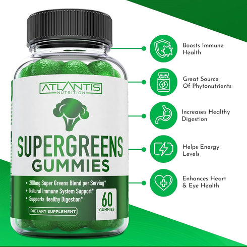 Supergreens Gummies - Daily Green Superfoods Supplement with Spinach, Broccoli, Moringa, Beet Root, Celery, Green Tea, & Acai for Immunity Support...