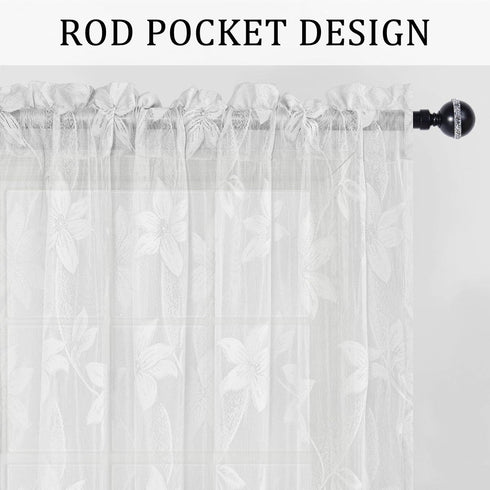 DWCN 2 Pack White Floral Lace Valances for Kitchen - Rod Pocket Half Window Sheer Curtains for Small Window Living Room Cafe, 42 x 18 inch, Lace W...