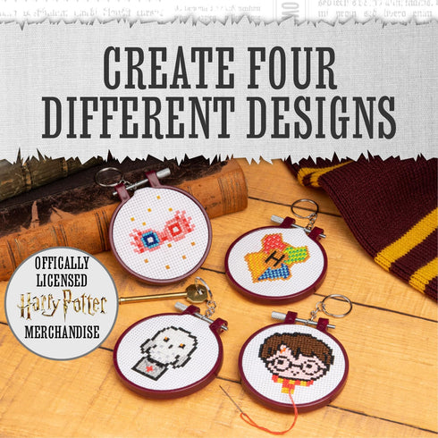 Harry Potter Stamped Cross Stitch 4 Pack, Embroidery Starter Kit for Beginners, Four Patterns, Fun & Easy Backpack Charms Craft Activity for Fans...