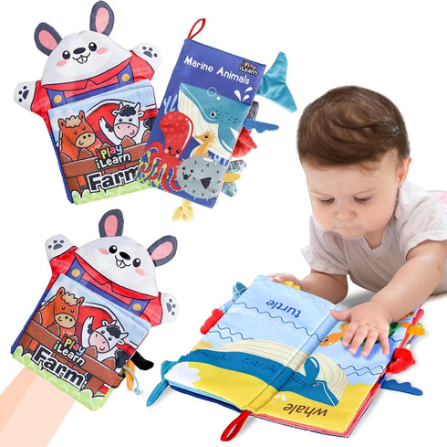 iPlay, iLearn Baby Cloth Books 6-12 Month, Infant Soft Touch Feel Marine Farm Animal Fabric Book Set, Newborn Carseat Crib Crinkle Toy, Babies Bir...