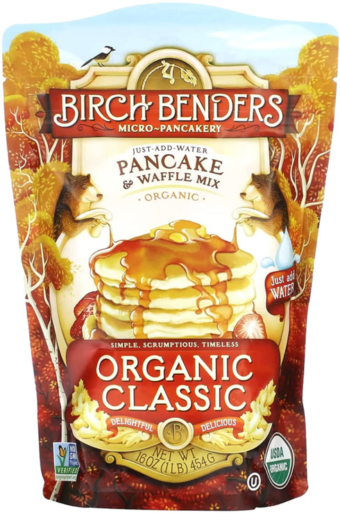 Organic Pancake and Waffle Mix, Classic Recipe by Birch Benders, Whole Grain, Non-GMO, Just Add Water, 16oz (Packaging may vary)...
