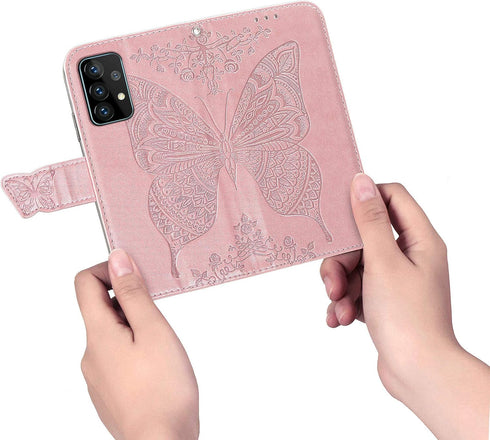 Wallet Case for Galaxy A52 4G/5G,PU Leather Flip Case Cover with Wrist Strap Cash Credit Card Slots Holder Pocket Emboss Butterfly Flower Protecti...