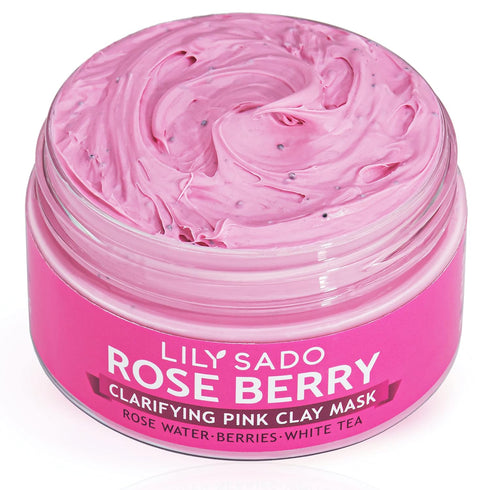 LILY SADO Rose Berry Pink Clay Mask w Rose Water & Fresh Berries - White Tea & Jojoba Beads Gently Exfoliate, Balance & Purify to Prevent Acne & B...
