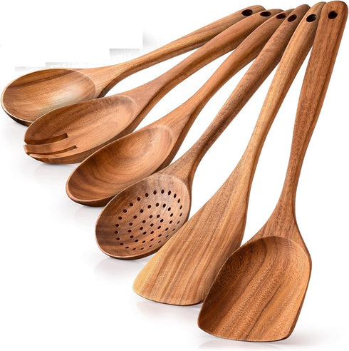 6-Pcs Wooden Spoons for Cooking - Smooth Finish Teak Wooden Utensils for Cooking -Wood Spoons for Cooking - Wooden Spoon Sets -Non-Stick Wooden Co...