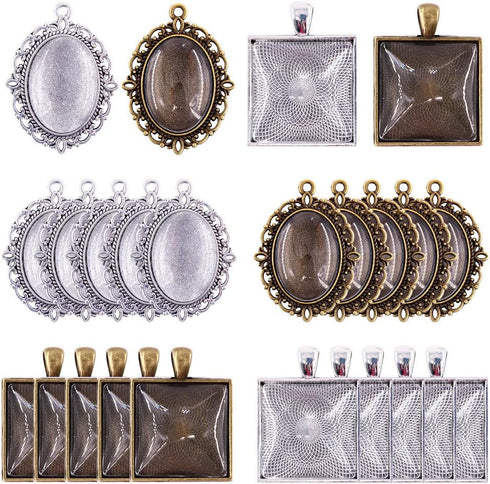 Glarks 48-Pieces Oval and Square Pendant Trays with Glass Cabochon Dome Tiles Clear Cameo for Crafting DIY Jewelry Making, 24 Sets...