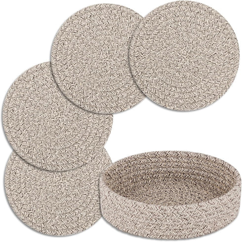 Trivets for Hot Dishes, Trivets for Hot Pots and Pans, Cotton Coasters 4 Pcs and Storage Basket 1 Pack, Pot Holders for Kitchen, Hot Pads for Tabl...