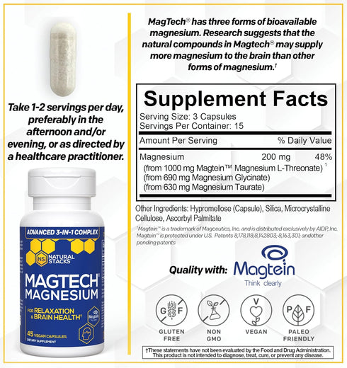 Natural Stacks MagTech Magnesium Supplement - Chelated Magnesium Complex - 3 Forms of Magnesium: Magtein Magnesium L-Threonate, Glycinate & Taurat...