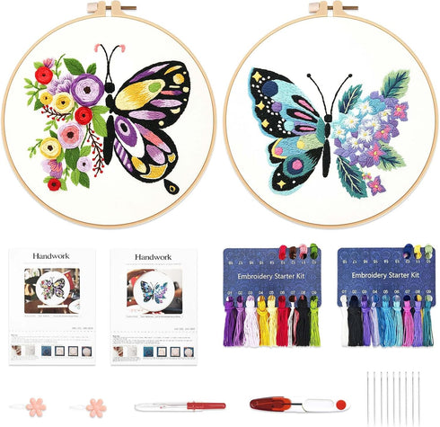 BREENHILL 2 Sets Embroidery Kit Starter with Pattern and Instructions, DIY Beginner Starter Cross Stitch Kit Include Embroidery Hoop, Needlework f...