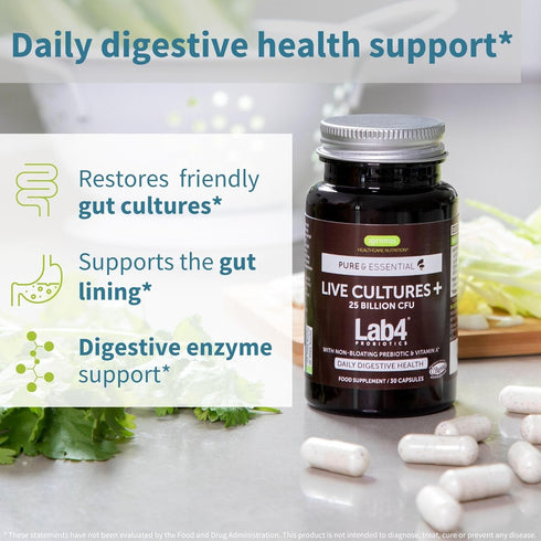 Live Cultures+ Lab4 Probiotics & Prebiotic, Vegan, Non-GMO, Lactobacillus Acidophilus & Bifidobacterium, Guaranteed 25 Billion CFU, Non-Bloating G...