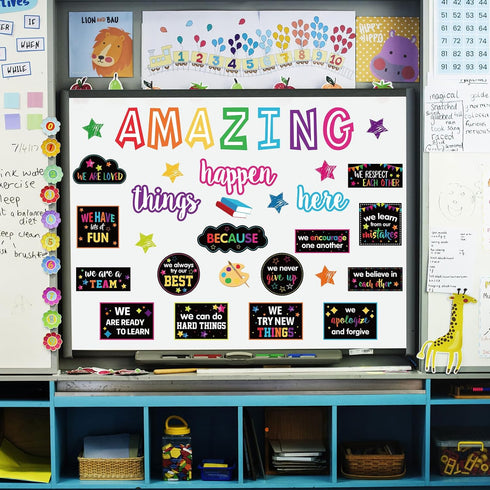 41Pcs Motivational Bulletin Board Decoration Amazing Things Happen Here Paper Cutouts with 100Pcs Glue Points Bulletin Border Stickers for Classro...