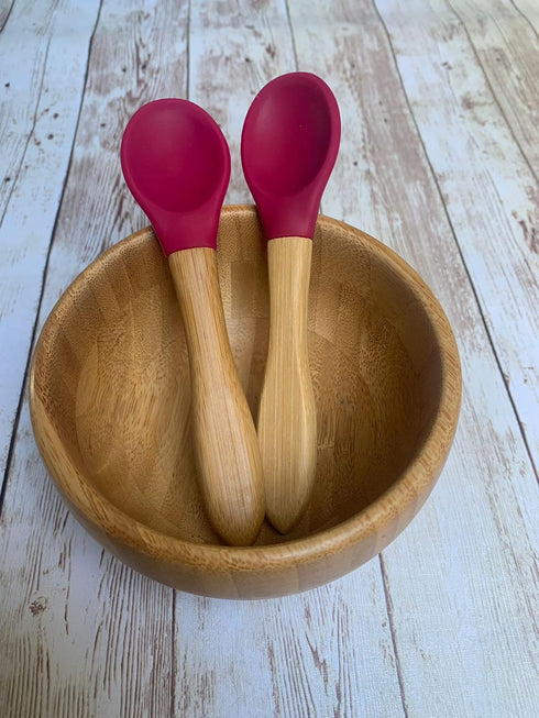 Babynow Bamboo Baby Spoons Self-Feeding Supplies for 6+ Months Babies & Toddlers in Bamboo & Soft Tip Designs BURGUNDY Pack of 2...