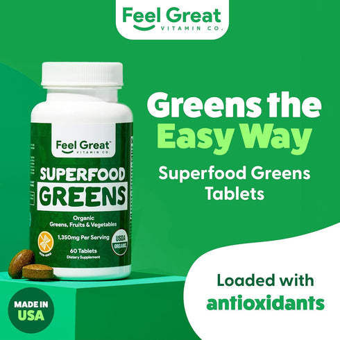Feel Great Vitamins Super Greens Tablets | Organic Greens, Fruits and Veggies Supplement | Fruit and Veggie Supplement with Kale, Spinach Extract,...