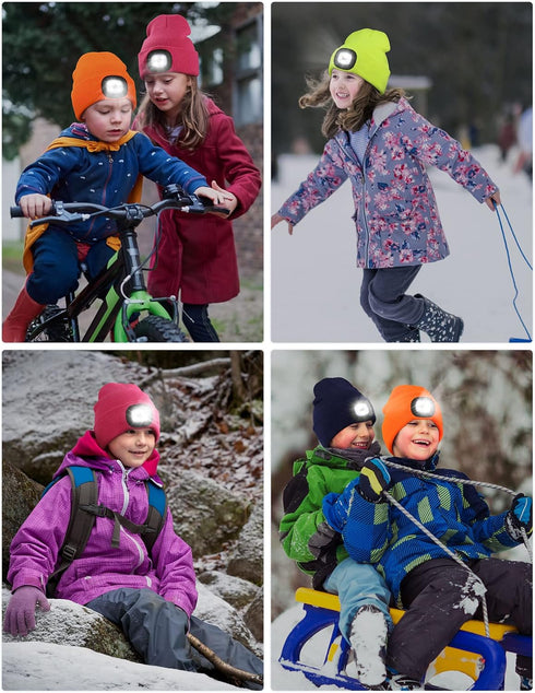 MELASA Unisex Kids LED Beanie, USB Rechargeable Hands Free Headlamp Hat, Night Flashlight Hat, Gifts for Kids Boys Black...