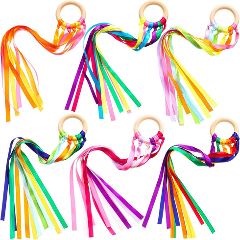6 Pieces Ribbon Hand Kite Montessori Hand Kite Toy Creative Waldorf Toy Ribbon Streamer with Wood Ring Rainbow Wind Wand Learning Educational Hand...