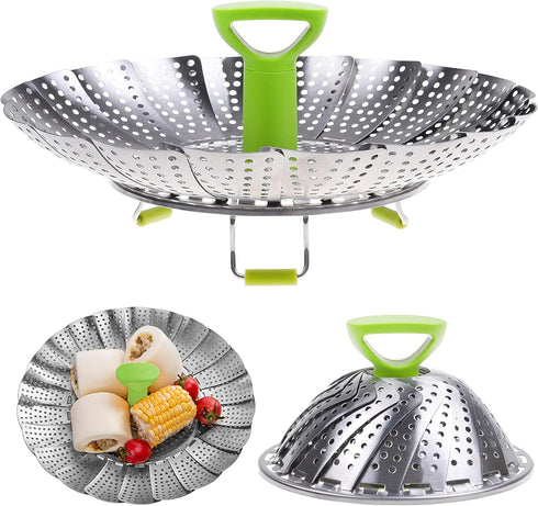 Kare & Kind 1x Adjustable Steamer Basket - Extendable Stainless Steel Steamer with Center Handle - 5.1" to 9" - Foldable Feet - Can Fit Different ...