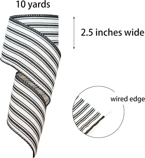 Black and White Striped Wired Ribbon, 2.5' x 10 Yards Wired Edge Ribbon for Wreath, Ticking Stripe Ribbon, DIY Craft and Gift Wrapping, Farmhouse ...