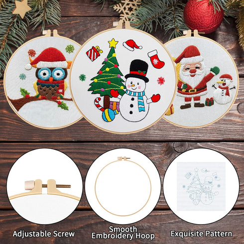 Nuberlic 3 Pc Christmas Embroidery Kit for Beginner Adults Kids with Santa Snowman Owl Patterns Stamped Cross Stitch Kits with 3 Embroidery Hoops ...