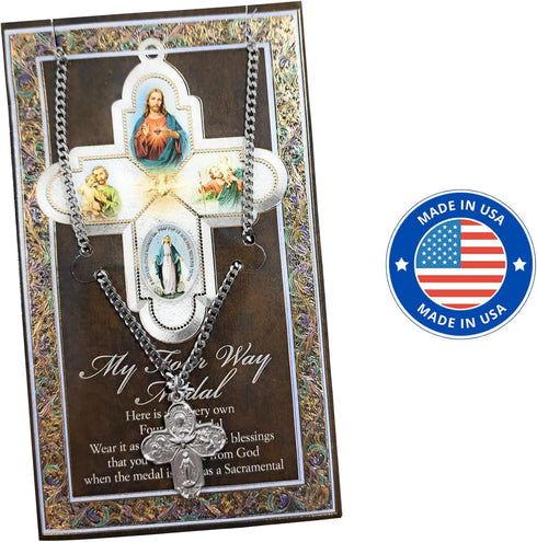 4 Way Medal Catholic Necklace with The Lord's Prayer Card | Pewter Four Way Medal Catholic Jewelry | 4 Way Miraculous Medal with Biography and Pra...