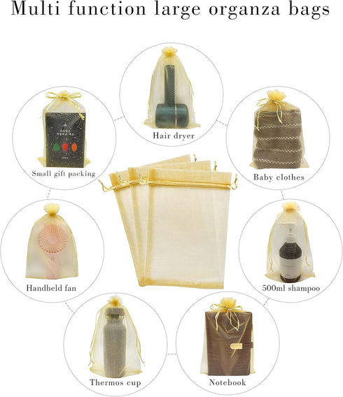 50pcs Large Organza Bags 8X12 Inch Gold Sheer Mesh Drawstring Gift Pouches for Christmas Wedding Party Favors (Gold)...