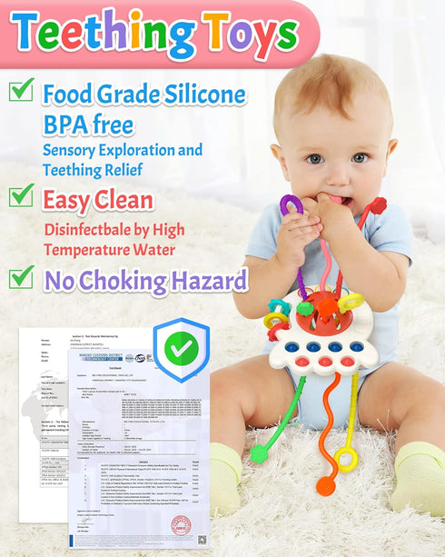 Baby Sensory Montessori Toy for 6-12-18 Months, Pull String Silicone Teething Toy, Birthday Gift Travel Toy for 1 2 Year Old Boy Girl Infant Toddl...