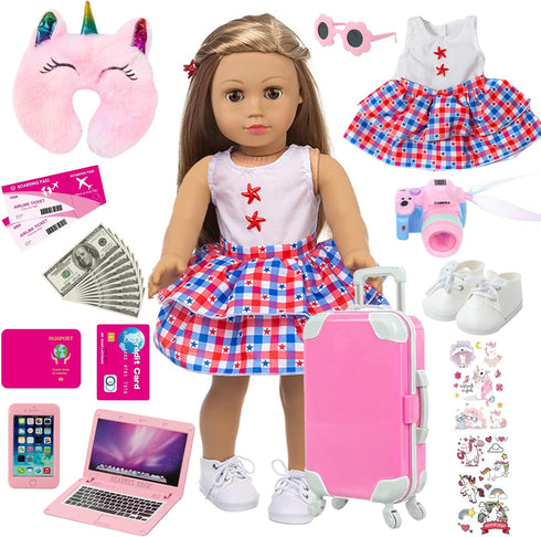 ZQDOLL American 18 inch Doll Clothes and Accessories - Doll Travel Suitcase Play Set Including Suitcase Doll Clothes, Shoes, Sunglasses, Camera, U...